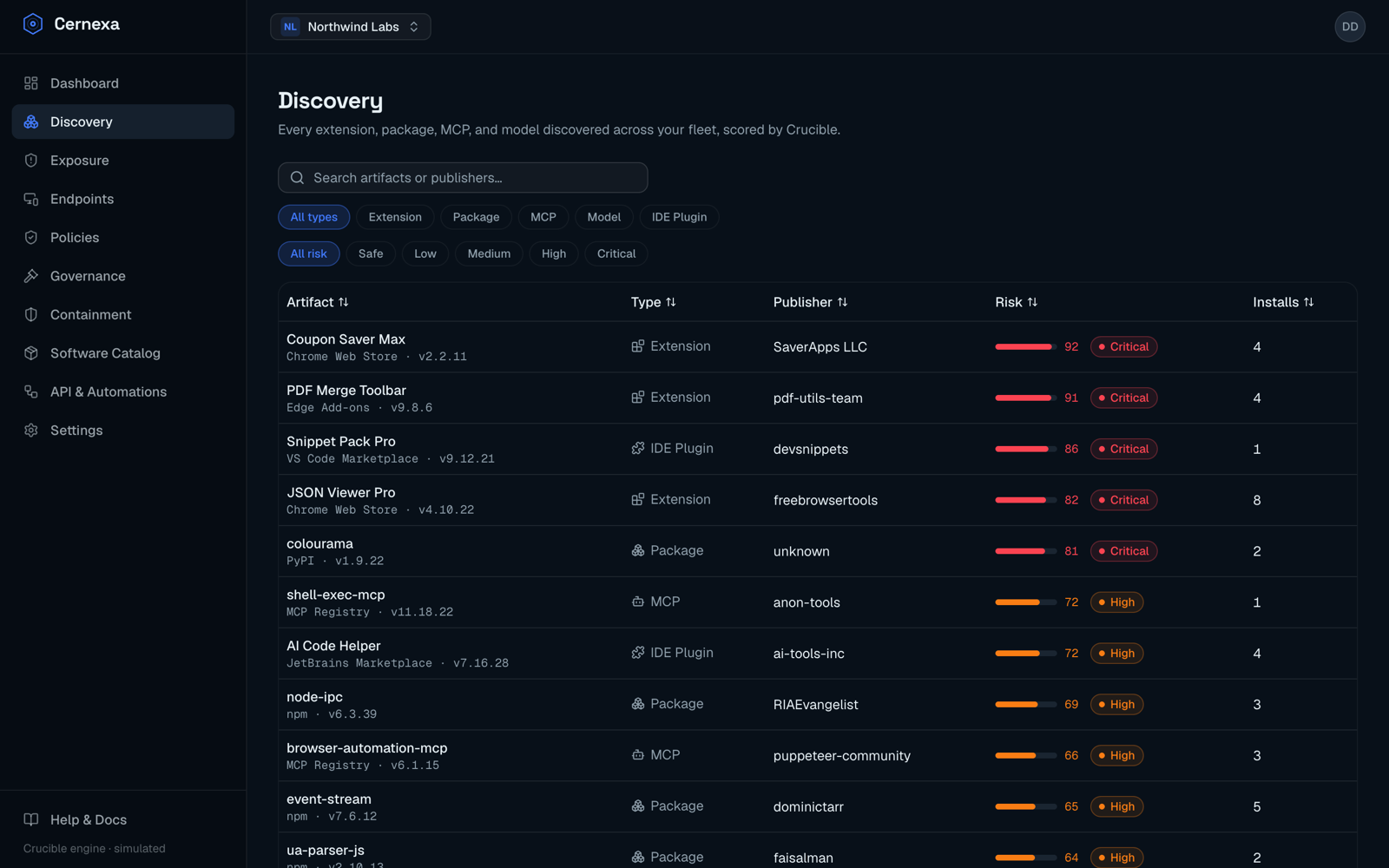 The Discovery inventory — every artifact across the fleet with its type, Crucible score, verdict, install count, and publisher.