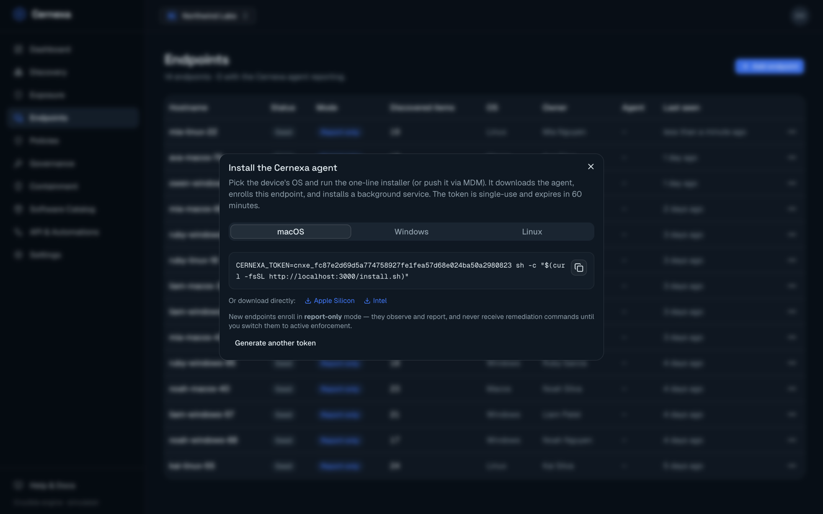 The Add endpoint dialog — pick the device's OS and copy the single-use, one-line installer for macOS, Windows, or Linux.