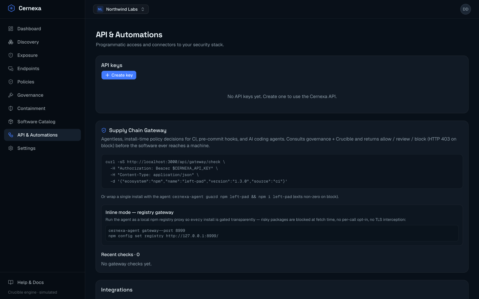 API & Automations — the Supply Chain Gateway with its agentless check, the agent guard command, and the inline registry-proxy mode.