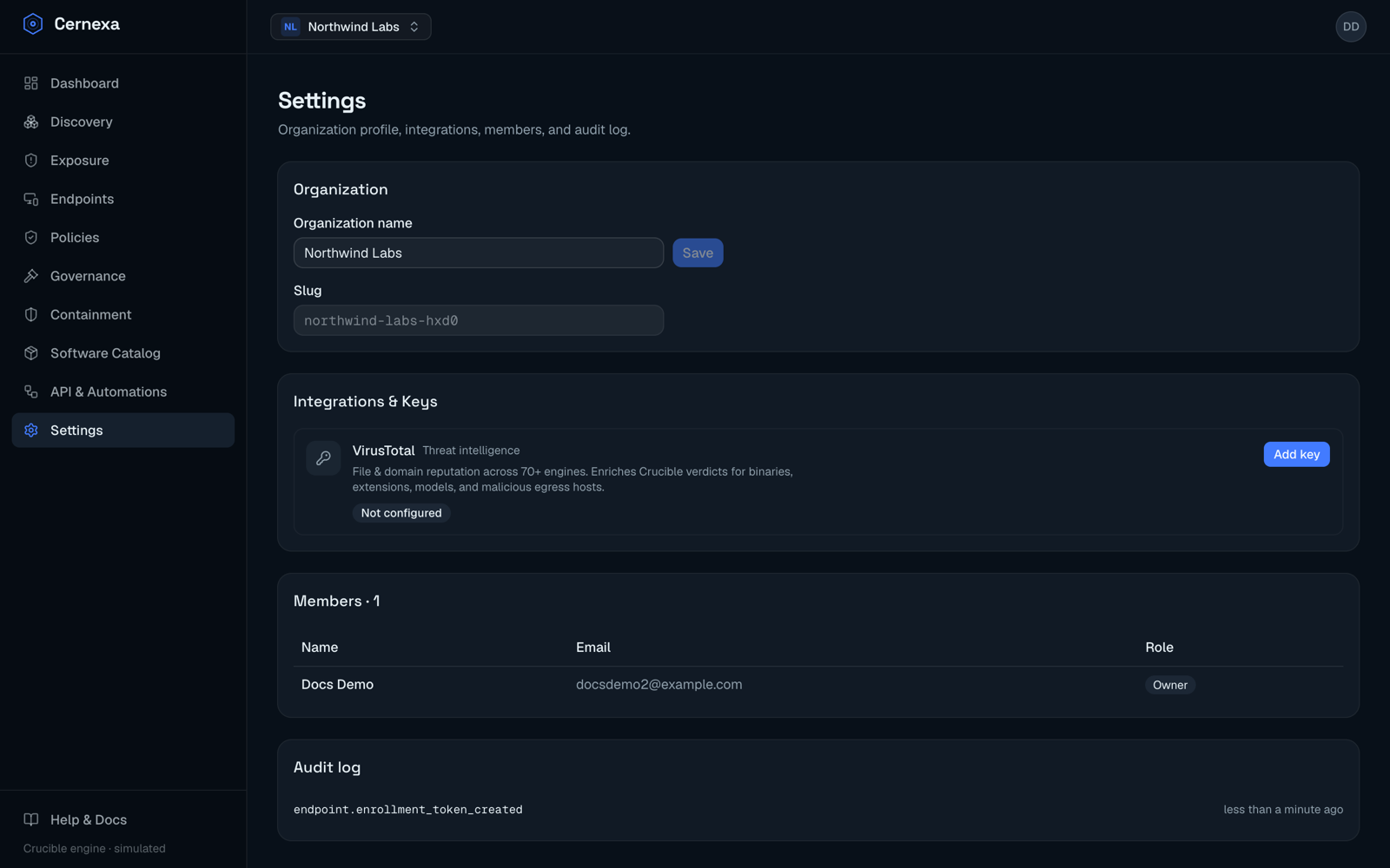 Settings → Integrations & Keys, where each organization adds and manages its own VirusTotal API key.
