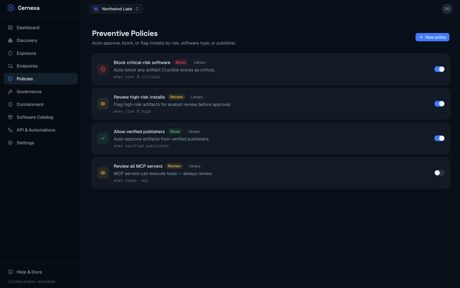 Preventive policies — auto-approve, block, or flag installs by risk level, software type, or publisher, evaluated in order.